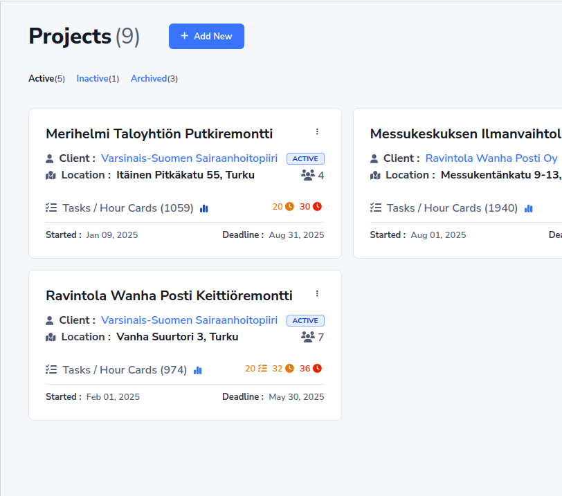 SiteOps-projektinhallinnan kojelauta aktiivisilla projekteilla ja reaaliaikaisilla tilastoilla