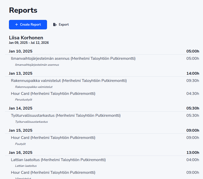 SiteOps-raporttinäkymä jäsenkohtaisilla päiväkirjauksilla, tuntisummilla ja vientivaihtoehdoilla