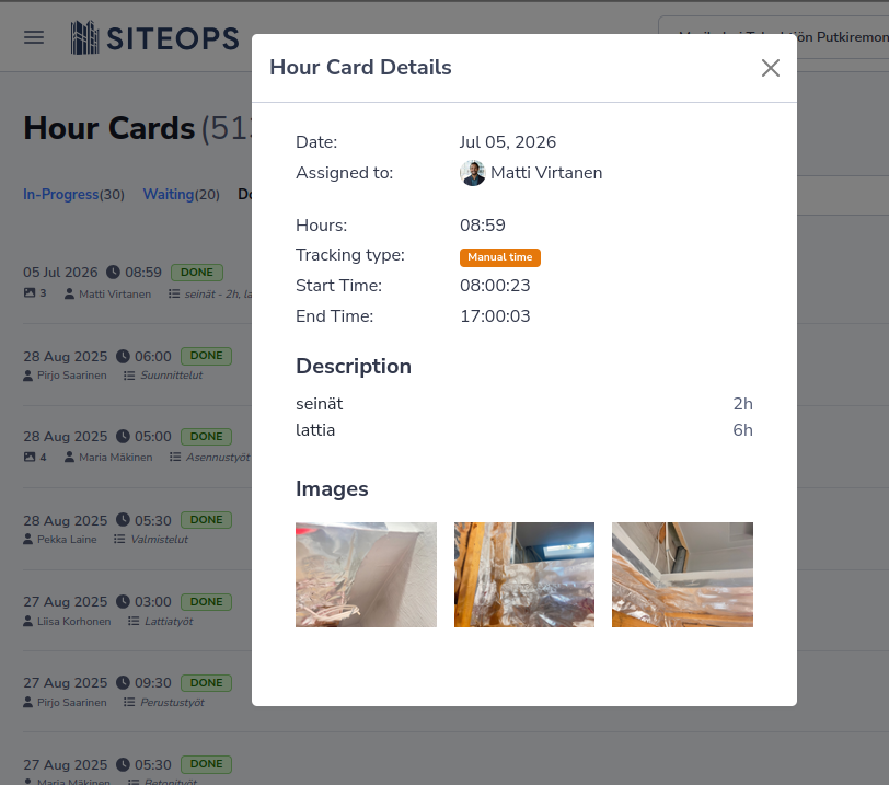 SiteOps-tuntikortin tiedot kirjatuilla tunneilla ja liitetyillä valokuvatodisteilla